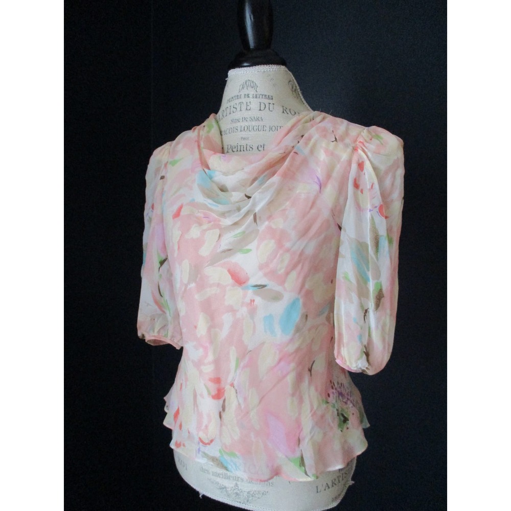 Vintage Judy Hornby Couture Pastel Abstract Floral Silk Puff Sleeve Blouse 4